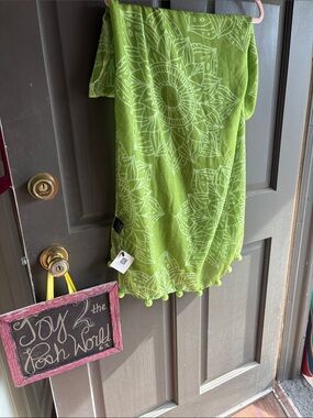 Green Mandala Scarf with Pom Trim
